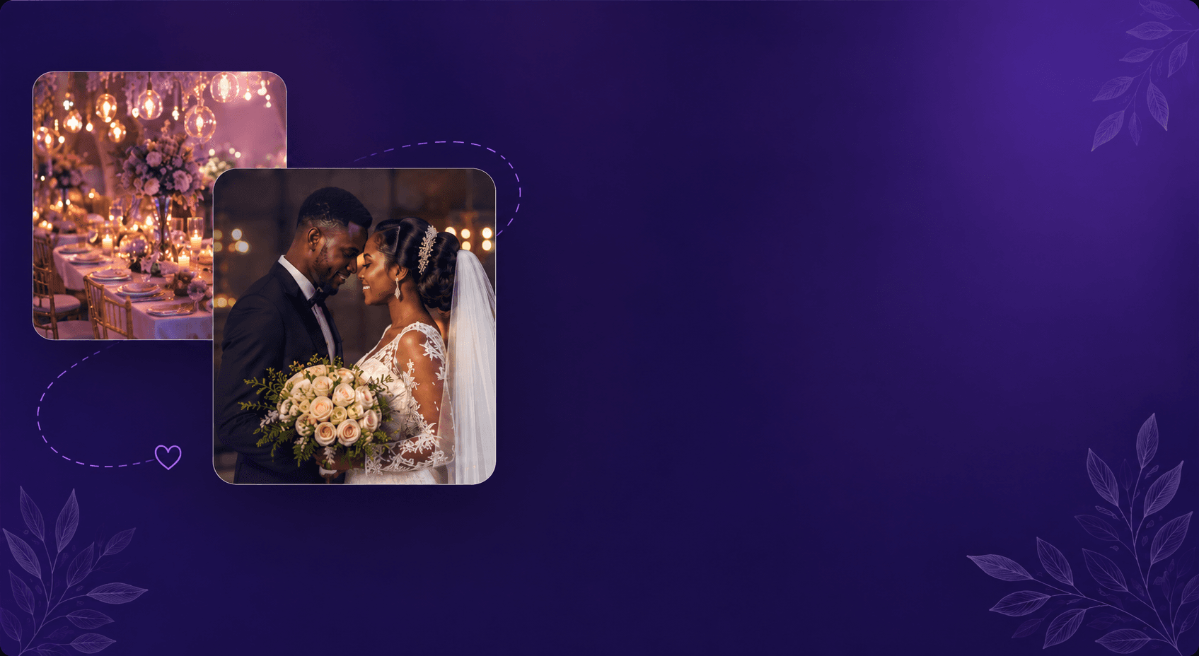 Layered wedding photos on a purple background